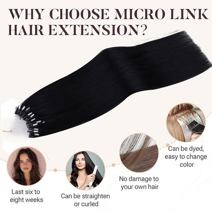 MAXITA Microlink Hair Extensions Human Hair, Jet Black Micro Bead Hair Extensions Virgin Human Hair, 50g/50 Strands/Pack, 14 In