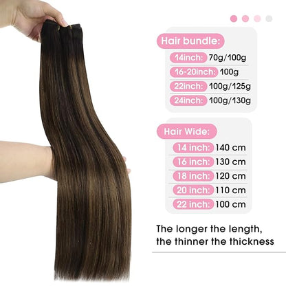 YoungSee 130G Weft Extensions Human Hair Balayage Hair Weft Extensions Dark Brown Mix Medium Brown Highlights Brown Balayage Sew in Hair Extensions Real Human Hair Balayage 24Inch