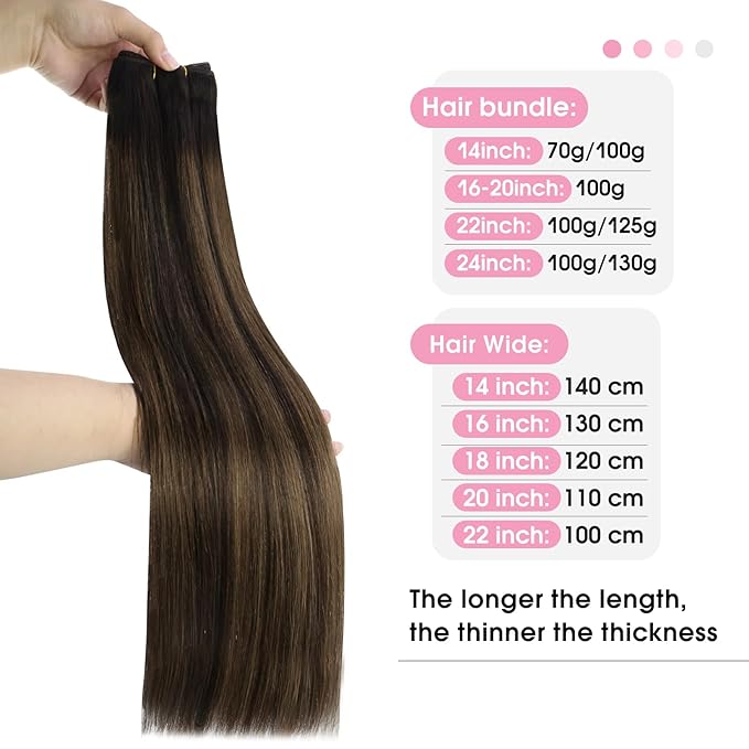 YoungSee Sew in Hair Extensions Brown Balayage Weft Human Hair Extensions Balayage Darkest Brown Mixed with Light Brown Human Hair Weft Extensions Balayage Reduces Combing and Pulling 16Inch 100G