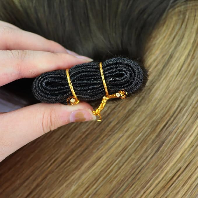 Full Shine Weft Hair Extensions Human Hair Sew In Hair Extensions Remy Hair Color Dark Brown To Ash Brown Mix Blonde Hair Bundles Straight Hair 18 Inch 105G