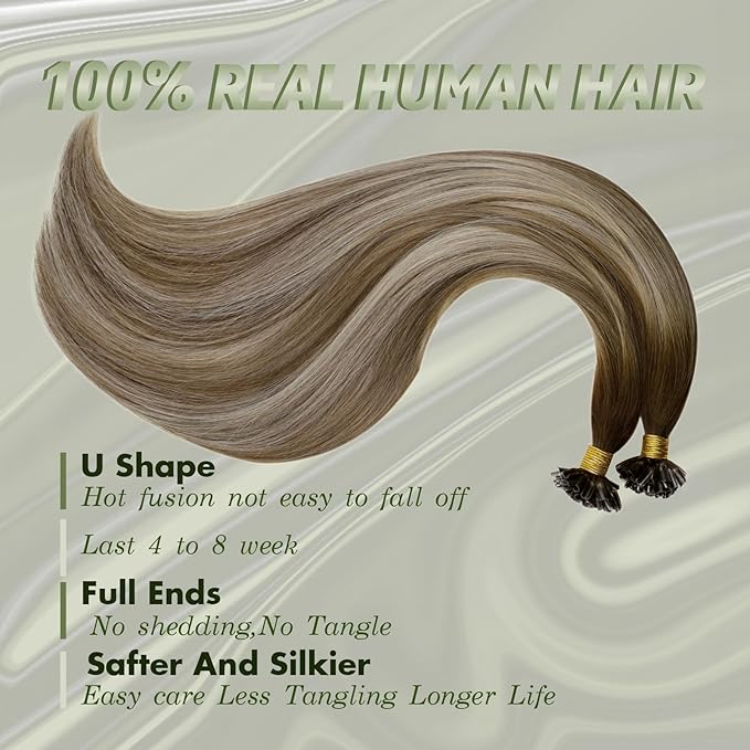 RUNATURE 20 Inch U Tip Hair Extensions Human Hair Balayage Walunt Brown Ombre Ash Blonde mix Light Blonde Keratin Hair Extensions Real Human Hair Silky U Tip Human Hair Extensions Straight 50g 50s