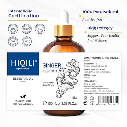 HIQILI Pure Ginger Essential Oil 3.38 Fl Oz, Pure Natural Premium Ginger Oil for Massage, Diffuser, Large Bottle with Dropper & Gift Box -100ml