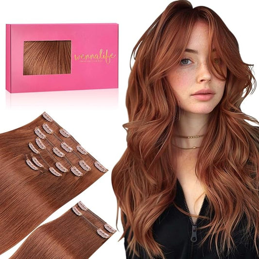 WENNALIFE Clip in Hair Extensions Real Human Hair, 18 Inch 150g 9pcs Dark Auburn Copper Remy Hair Thicker Double Weft Extensiones De Cabello Humano Con Clip Ins Straight Full Volume