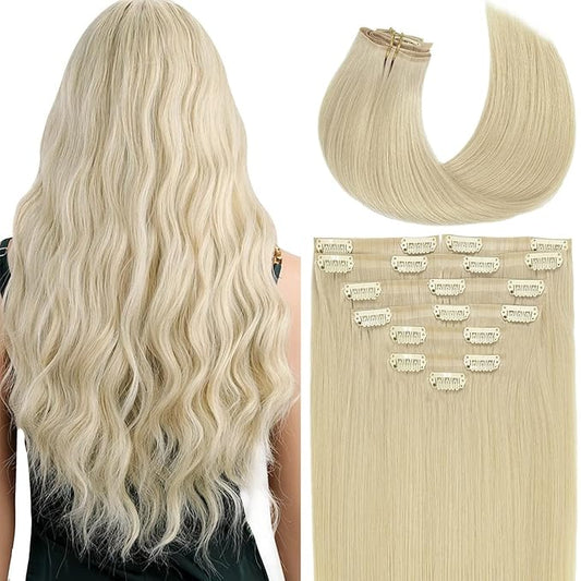 Lacer Clip in Hair Extensions 20 Inch 8Pcs Blonde Clip in Hair Extensions 19 Clips Platinum Blonde PU Weft Seamless Extensions Clip in Human Hair 150 Grams