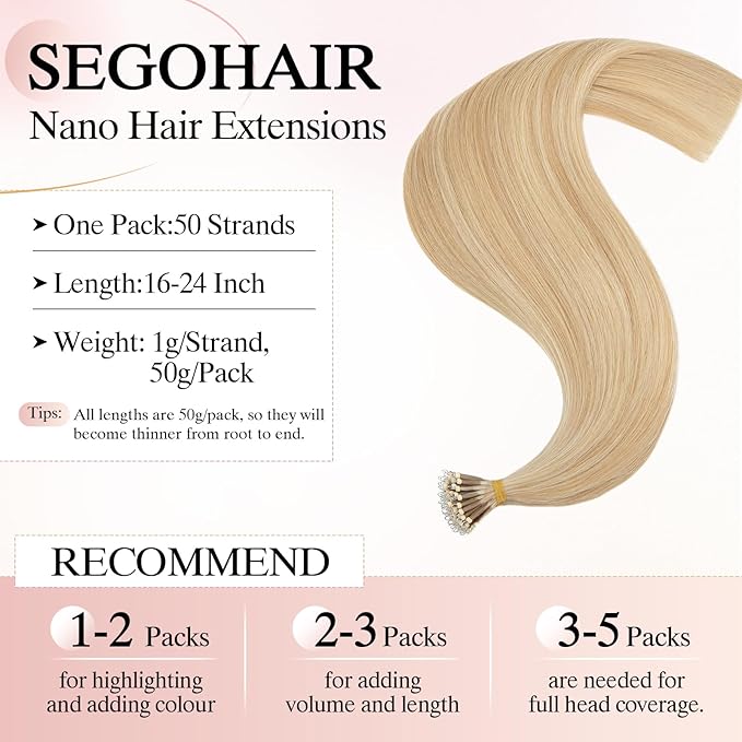 Nano Bead Human Hair Extensions with Nano-bond Hair Extensions - Silky Straight Natural 50g/50 Stands 24" Ash Blonde & Bleach Blonde Mix