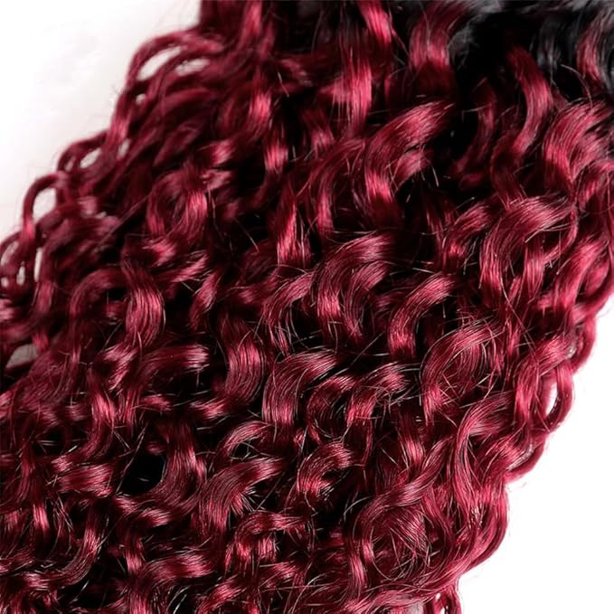 1B99J Curly Bundles Black Mixed With Burgundy Curly Bundles two tone Brazilian Hair Extensions Soft and Silky for Women 24 26 30 Inch