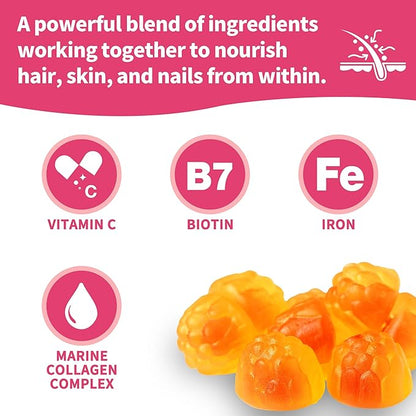 Women's Hair Growth Supplement Gummies, Nourishes Thinning Hair & Boosts Hair Thickness, with Collagen, Biotin, Zinc, Vitamin C & Iron – Pineapple Flavor – 90 Gummies, 45 Day Supply
