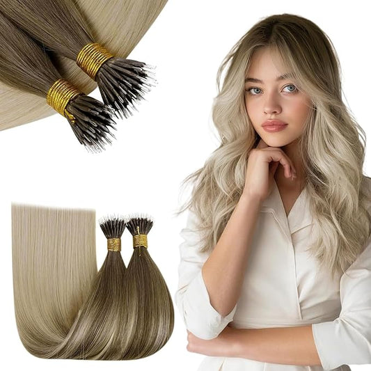RUNATURE Nano Hair Extensions Human Hair, 24 Inch Nano Bead Human Hair Extensions for Long Hair, Soft Silky Remy Hair, Thick Ends Tangle free 50s/50g #BA8/60 Brown to Blonde