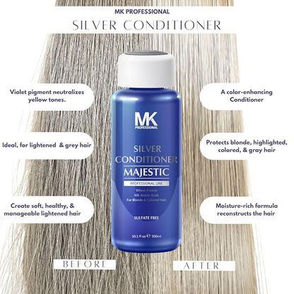 MK PROFESSIONAL Sulphate Free Silver Conditioner, Infused with Wheat Protein & Silk Amino Acids - For Blonde & Colored Hair, Repairs, Strengthens & Nourishes all Hair Types - 10.1 Fl Oz (300ml)