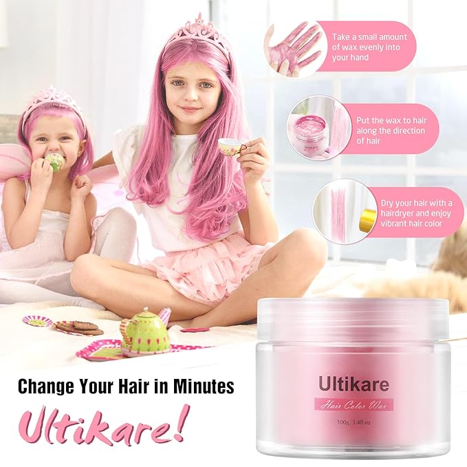 Ultikare Kids Hair Coloring Gel - Temporary Light Pink Hair Wax, Washable Hair Dye Cream, Natural Hair Paint for Hairstyling, Halloween, Cosplay, Parties, and Gifts - 3.4 Fl Oz