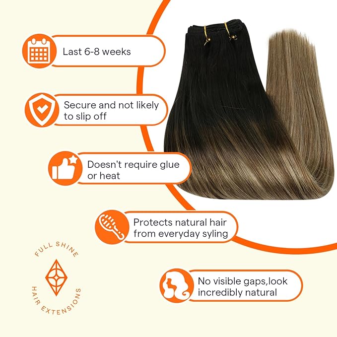 Full Shine Weft Hair Extensions Human Hair Invisible Sew In Hair Extensions Real Human Hair Sew In Extensions Remy Hair Balayage Weft Extensions Color Natural Black To Light Brown Mix Blonde 22 Inch