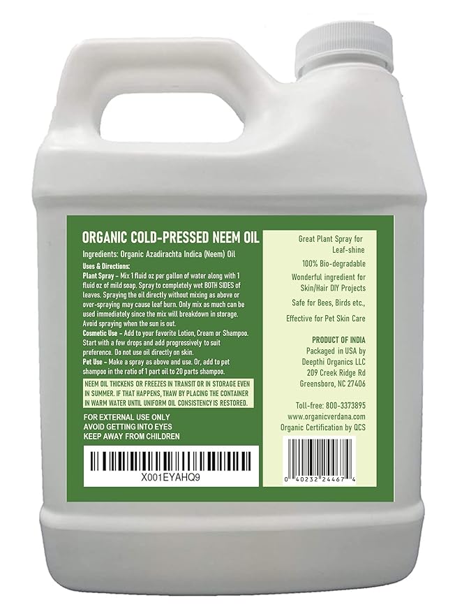 Verdana Pure Neem Oil for Plants – 1 Quart (32 Fl Oz) – Organic, Cold Pressed, Unrefined, Non-GMO – 100% Natural Spray for Plant Leaf Shine, DIY Beauty, Soap Making – No Additives