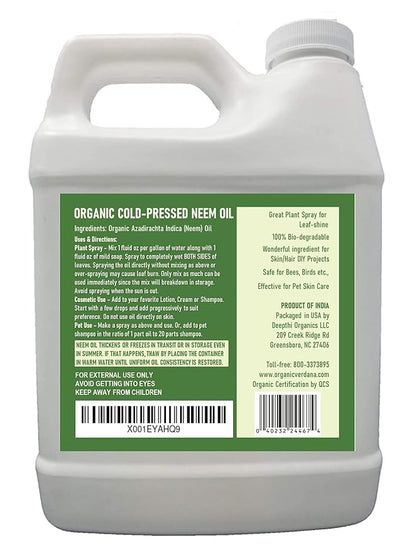 Verdana Pure Neem Oil for Plants – 1 Quart (32 Fl Oz) – Organic, Cold Pressed, Unrefined, Non-GMO – 100% Natural Spray for Plant Leaf Shine, DIY Beauty, Soap Making – No Additives