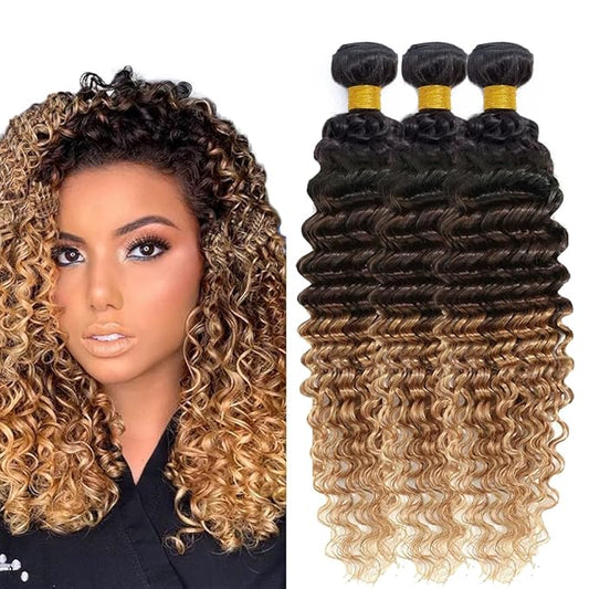#27 Blonde Deep Wave Ombre Human Hair Bundles 24 26 28 Inch 8A Grade Brazilian Virgin Dark Brown and Honey Blonde Color #4 3 Bundles