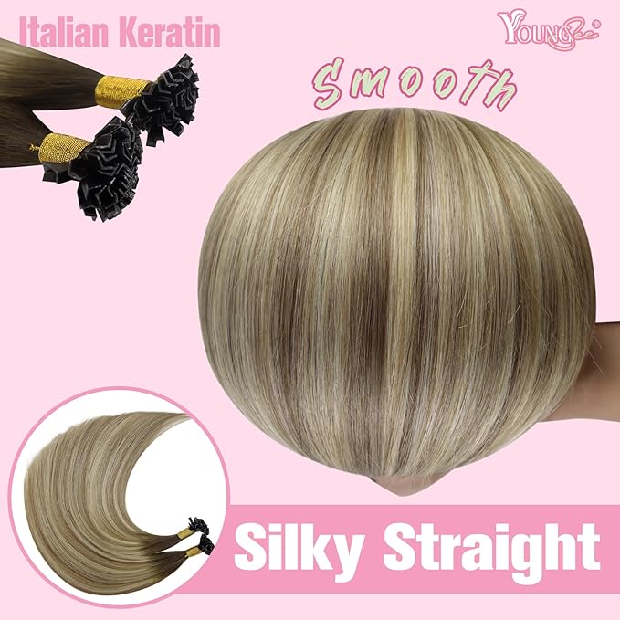 YoungSee K Tip Extensions Human Hair Balayage Brown K Tip Extensions Real Human Hair Dark Brown Ombre Brown Mix Blonde Fusion Hair Extensions Human Hair for Long Hair 22 Inch 50s/50g