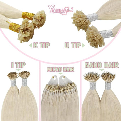 YoungSee Ktips Hair Extensions Human Hair Blonde K Tip Extensions Real Human Hair Platinum Blonde Ktip Human Hair Extensions for Women 18Inch U Tip Extensions Human Hair 50G 50S