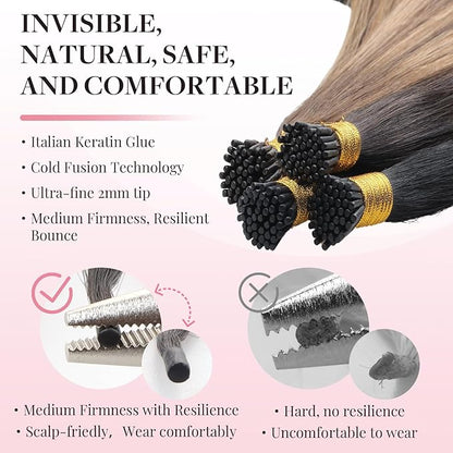 MAXITA I Tip Hair Extensions, 50g/100s, Dark Brown Mixed Chestnut Brown, 14 Inch Comfortable Wear, Invisible & Natural Cold Fusion, 100% Remy Human Hair Itip Keratin Extensions
