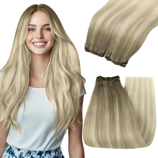 YoungSee Ombre Blonde Human Hair Weft Extensions Straight Silky Sew in Real Human Hair Extensions Ash Blonde Ombre Sunkissed Blonde Sew in Hair Extensions Human Hair 24Inch 100G