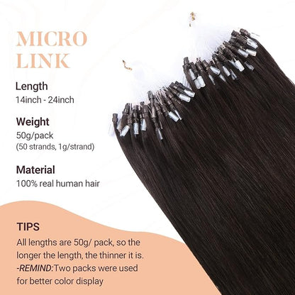 MAXITA Microlink Hair Extensions Human Hair Dark Brown Micro Bead Hair Extensions Virgin Human Hair, 50g/50 Strands/Pack, 22 In