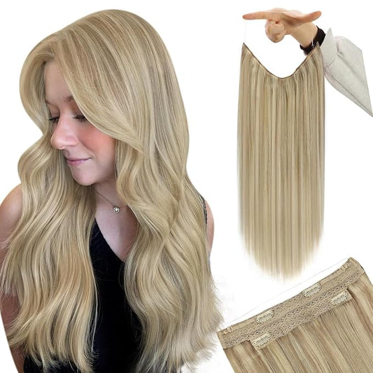 YoungSee 130G Wire Human Hair Extensions Blonde Highlight Hidden Wire Hair Extensions Human Hair Dark Ash Blonde Highlights Golden Blonde Fish Line Hair Extensions 20Inch