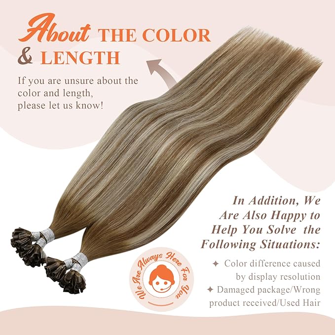 Sunny Hair U Tip Hair Extensions Human Hair Balayage Utip Human Hair Extensions Chestnut Brown with Blonde Ombre K Tips Hair Extensions Real Human Hair for Daily Use 14inch 50g