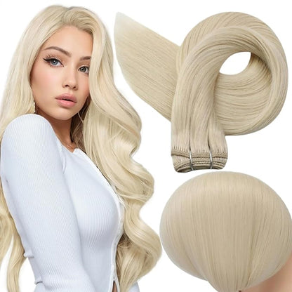 Full Shine Sew In Hair Extensions Real Human Hair Weft Hair Extensions Remy Straight Hair Color Platinum Blonde Extensions Soft Hair Weft Extensions For Women 10 Inch 50G
