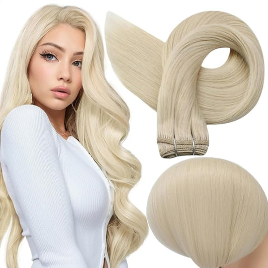 Full Shine Sew In Hair Extensions Real Human Hair Weft Hair Extensions Remy Straight Hair Color Platinum Blonde Extensions Soft Hair Weft Extensions For Women 10 Inch 50G