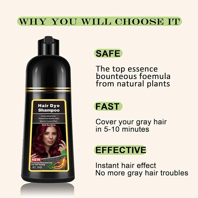 Instant Dark Wine Red Hair Dye Shampoo 3 in 1 for Gray Hair, Natural Hair Color Shampoo for Men & Women, 17.6 FL OZ Herbal Red Hair Shampoo & Red Hair Dye Colors in Minutes