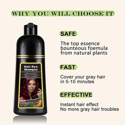 Instant Dark Wine Red Hair Dye Shampoo 3 in 1 for Gray Hair, Natural Hair Color Shampoo for Men & Women, 17.6 FL OZ Herbal Red Hair Shampoo & Red Hair Dye Colors in Minutes