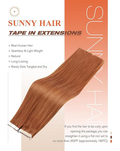 Sunny Hair Tape in Hair Extensions Real Human Hair Invisible Remy Hair Extensions Tape ins for Women Copper Red 18 inch 20Pcs 50G