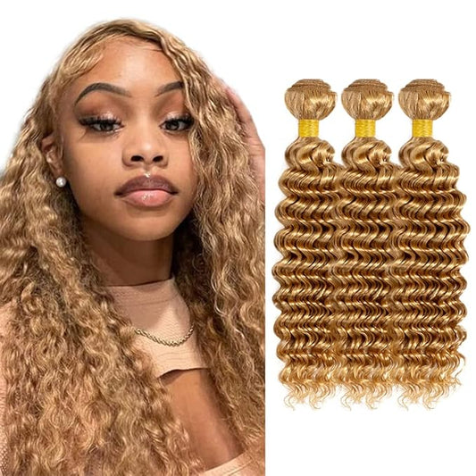 #27 Honey Blonde Bundles Human Hair Deep Wave Bundles 30 32 34 Inch Unprocessed Brazilian Virgin Hair Weave 3 Bundles 50 Grams Per Bundle Blonde Human Hair Extensions For Women