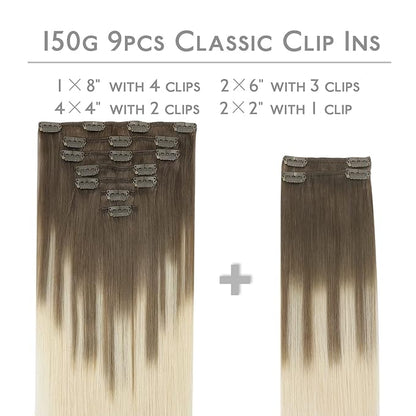WENNALIFE Clip in Hair Extensions Real Human Hair, 14 Inch 150g 9pcs Human Hair Extensions Clip In, Ombre Sandy Brown to Platinum Blonde Hair Extensions Clip In Real Remy Human Hair
