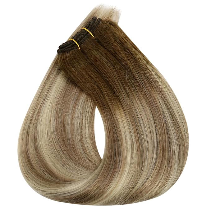 Full Shine Weft Hair Extensions Human Hair #3/8/22 Balayage Sew In Hair Extensions Color Dark Brown To Light Brown Mix Light Blonde Human Hair Extensions Remy Straight Hair 12 Inch