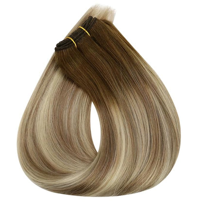 Full Shine Weft Hair Extensions Human Hair #3/8/22 Balayage Sew In Hair Extensions Color Dark Brown To Light Brown Mix Light Blonde Human Hair Extensions Remy Straight Hair 12 Inch