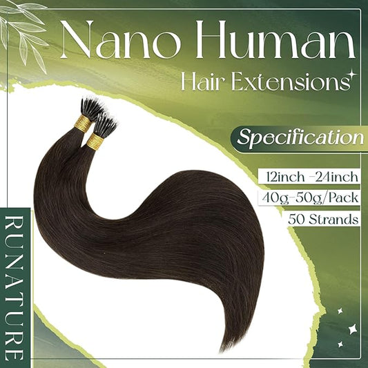 RUNATURE Nano Ring Hair Extensions Human Hair Dark Brown Remy Nano Bead Human Hair Extensions Silky Nana Link Hair Extension Real Human Hair Full Ends 22 Inch 50 Gram 50 Strands