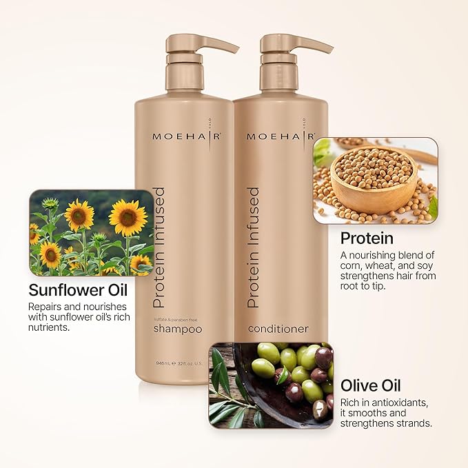 MOEHAIR Protein Infused Shampoo and Conditioner Set for Dry & Damaged Hair | Strengthens Hair Fiber | Sulfate & Paraben Free | Adds Shine, Softens & Hydrates Hair (32 Fl Oz)