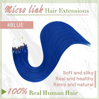 RUNATURE Microlink Hair Extensions Human Hair Colored Party Highlights Blue Hair Extensions Mciro Beads Extensions for Long Hair, Fashion Colorful Remy Hair, Silky Soft Natural Hair 20 Inch 25g 25s