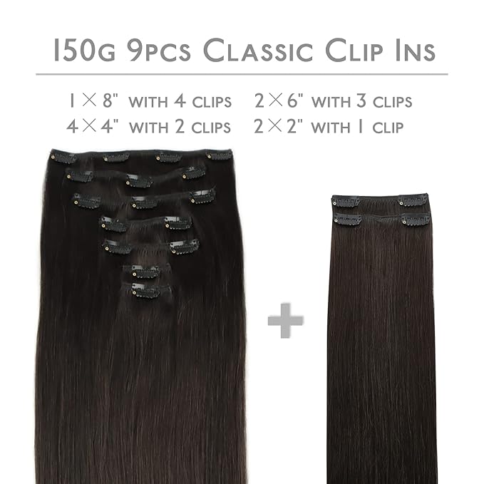 WENNALIFE Clip in Hair Extensions, 150g 20 Inch 9pcs Dark Brown Remy Hair Thicker Double Weft Extensiones De Cabello Humano Con Clip Ins Straight Full Volume