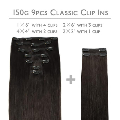 WENNALIFE Clip in Hair Extensions, 150g 20 Inch 9pcs Dark Brown Remy Hair Thicker Double Weft Extensiones De Cabello Humano Con Clip Ins Straight Full Volume