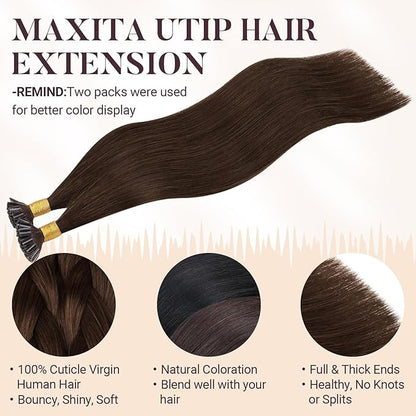 MAXITA U Tip Hair Extensions Human Hair, Chocolate Brown Hair Extensions Real Human Hair, 50g/50 Strands/Pack, 18 In Virgin Human Hair