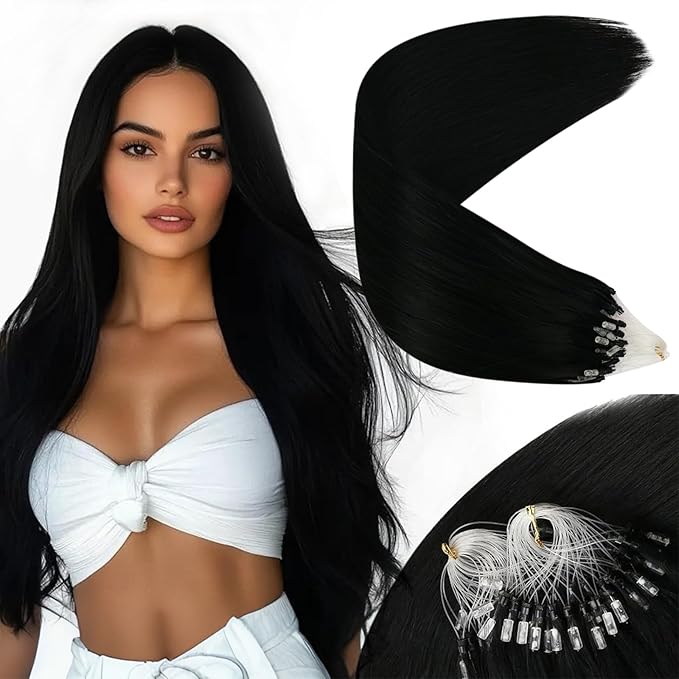 Sunny Hair Micro Ring Hair Extensions Human Hair Black 24inch Micro Beads Hair Extensions Jet Black Soft and Silky Micro Link Hair Extensions Human Hair Black Straight Long Hair Micro Loop 24inch 50g