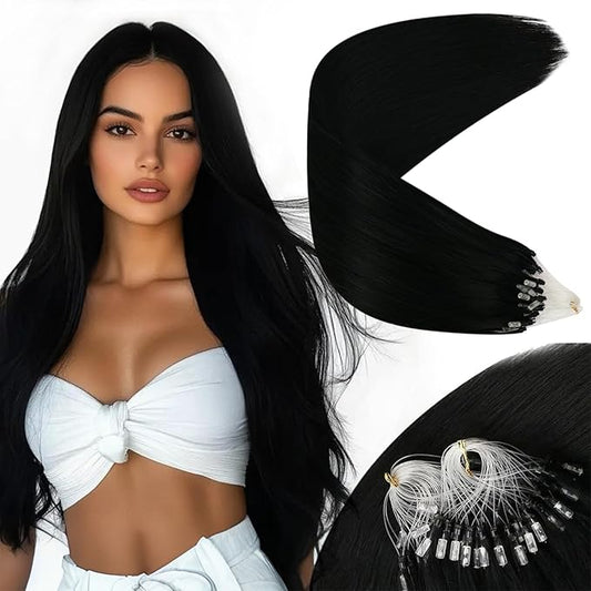Sunny Hair Micro Ring Hair Extensions Human Hair Black 24inch Micro Beads Hair Extensions Jet Black Soft and Silky Micro Link Hair Extensions Human Hair Black Straight Long Hair Micro Loop 24inch 50g