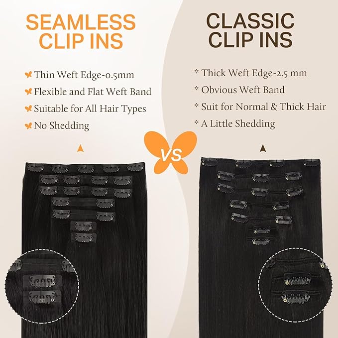 DOORES Clip in Hair Extensions, Natural Black 130g 7pcs 16 Inch, Thick Virgin Human Hair Clip in Extensions Natural Silky Weft for Women