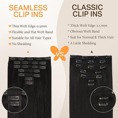 DOORES Clip in Hair Extensions, Natural Black 130g 7pcs 16 Inch, Thick Virgin Human Hair Clip in Extensions Natural Silky Weft for Women