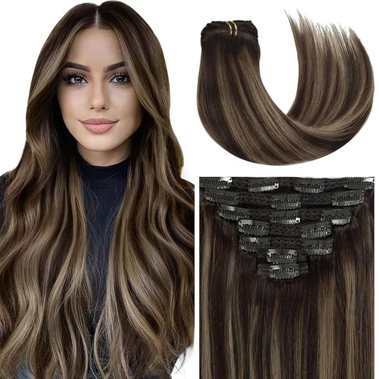 Caliee Balayage Dark Brown and Chestnut Brown with Dark Brown Roots 18inch Clip in Hair Extensions Human Hair Silky Straight 120 gram Double Weft Lace Clip in Hair