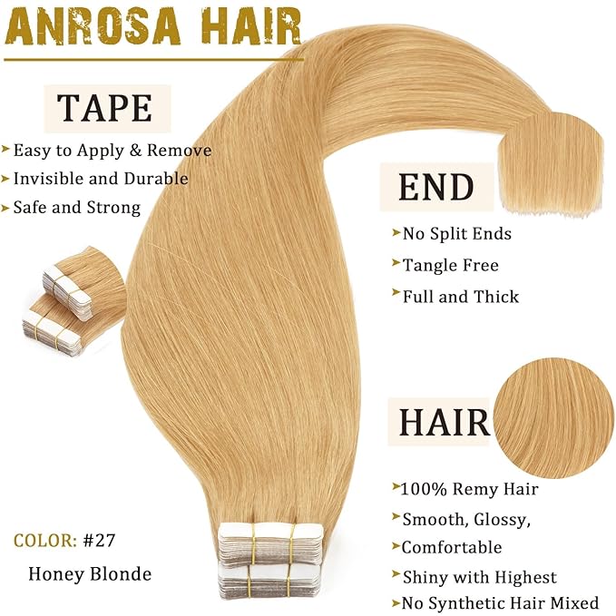 Anrosa Real Human Hair Silky Double Sided Tape in Hair Extensions 50g 20pcs 22 Inch Skin Weft Seamless Remy Tape in Hair Extensions Honey Blonde Color