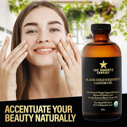 The Goodbye Company Black & Gold Castor Oil Blend – USDA Organic, Cold-Pressed & Unrefined – Pure Hexane-Free Oil for Hair, Skin, Body, Eyelashes & Eyebrows