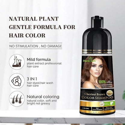 Herbishh Chestnut Brown Hair Dye Shampoo 3 In 1, Color Shampoo For Gray Hair Coverage 500 ML Argan Oil & Pro Keratin Deep Conditioning Hair Mask 150gm & Ginger Essential Oil Serum For Hair Growth 30ml