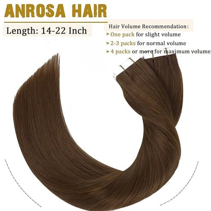 Anrosa Hair Extensions Tape in Color Chocolate Brown 18 Inch 20 Pcs 50g Fashion Tape in Extensions Silky Straight Brazilian Hair