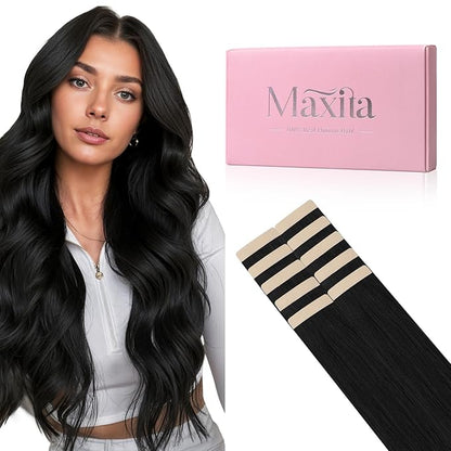 MAXITA Tape in Hair Extensions Human Hair 1B Natural Black 24 Inch 25g 10pcs Thick Ends Remy Seamless Straight Human Hair Extensions Invisible Tape in Extensions Human Hair